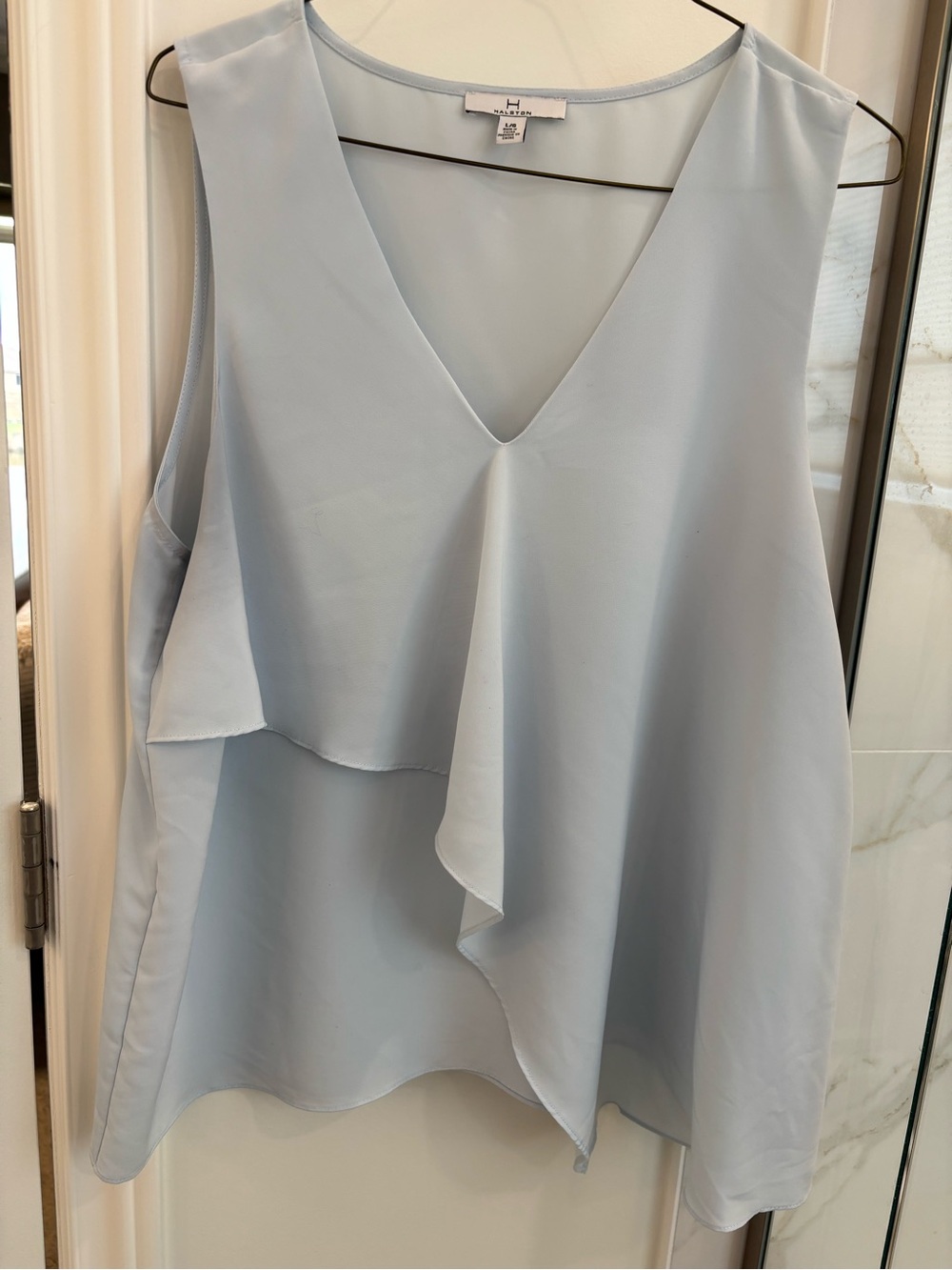 Light Blue V-Neck Sleeveless Ruffled Top Halston